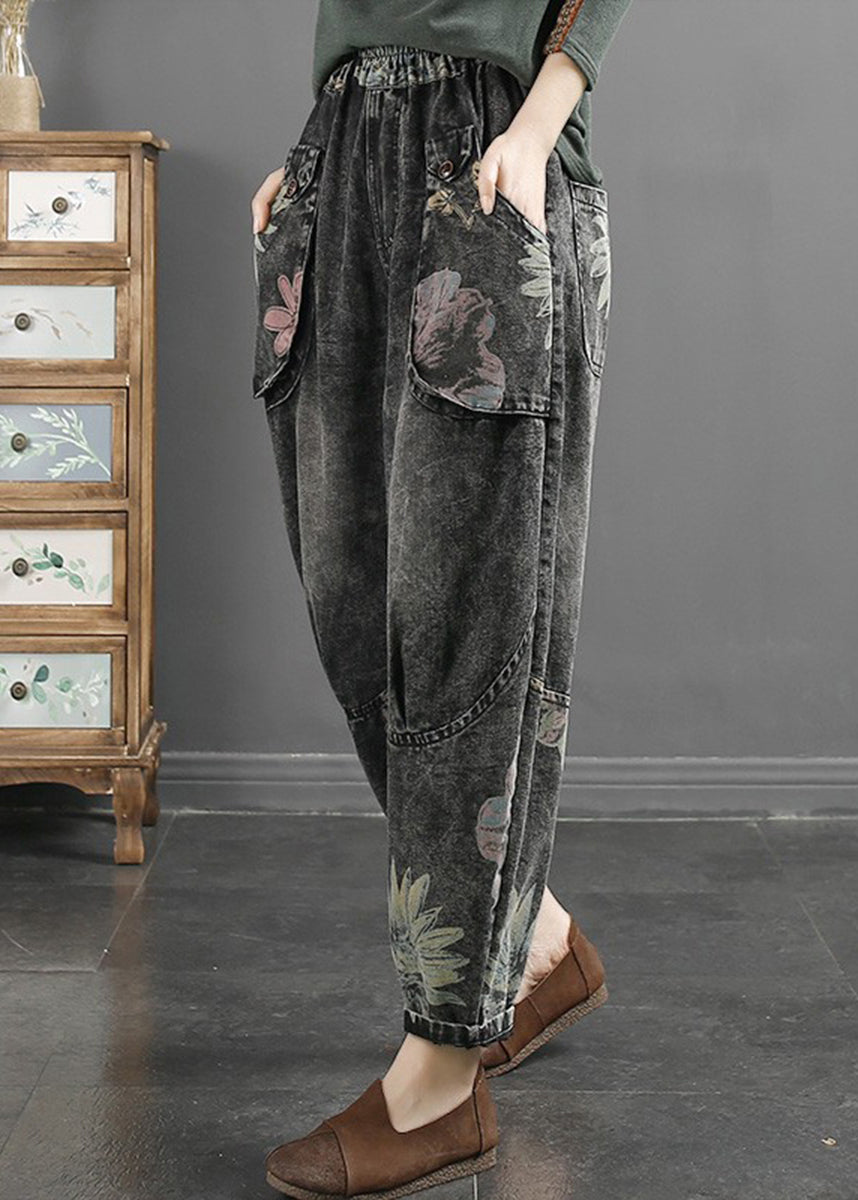 Black Grey Pockets Print Patchwork Denim Pants Fall