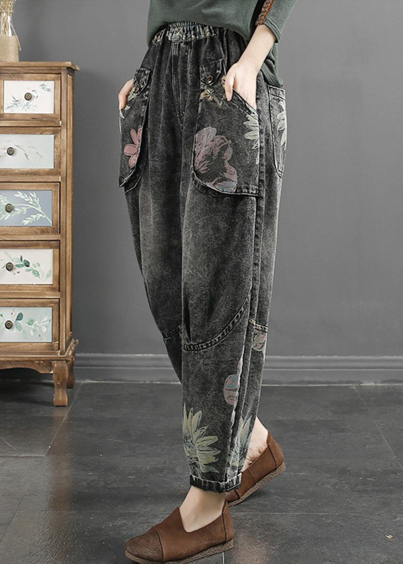 Black Grey Pockets Print Patchwork Denim Pants Fall