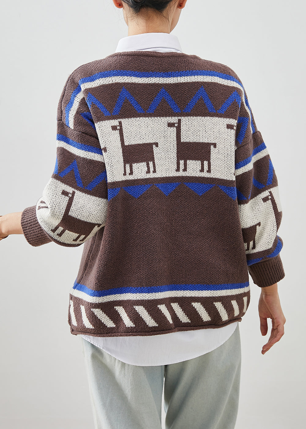 Italian Coffee O-neck Print Knit Cardigans Spring