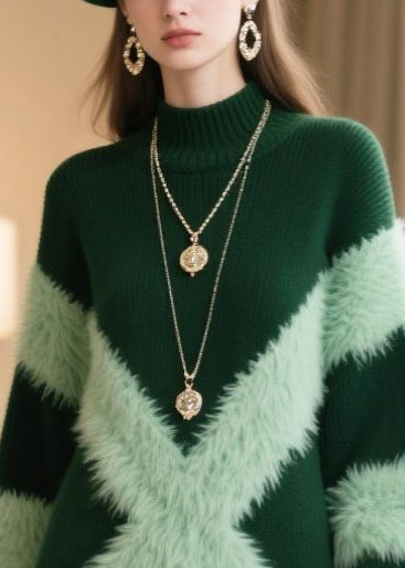 Green Patchwork Faux Fur Knitwear Dress Winter