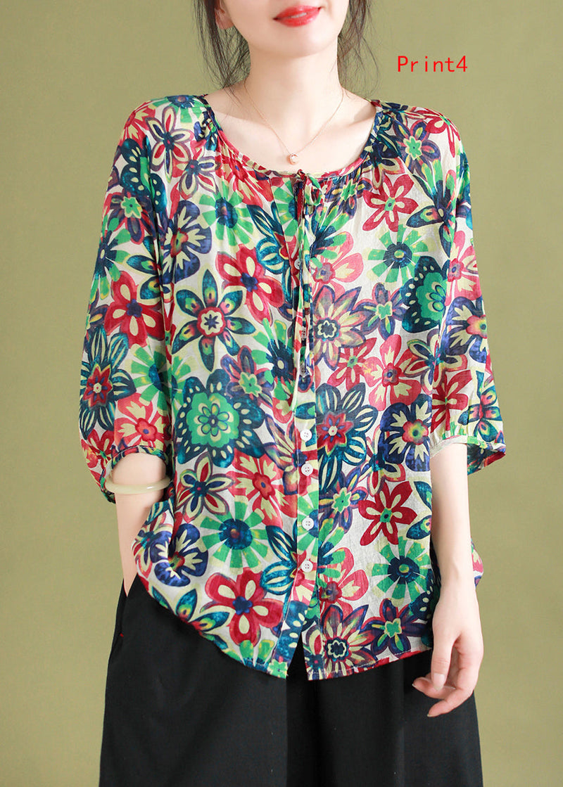 Loose O-neck Print Lace Up Cotton Shirt Top Half Sleeve
