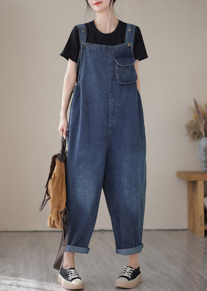 Blue Slash Neck Patchwork Button Denim Jumpsuit Summer