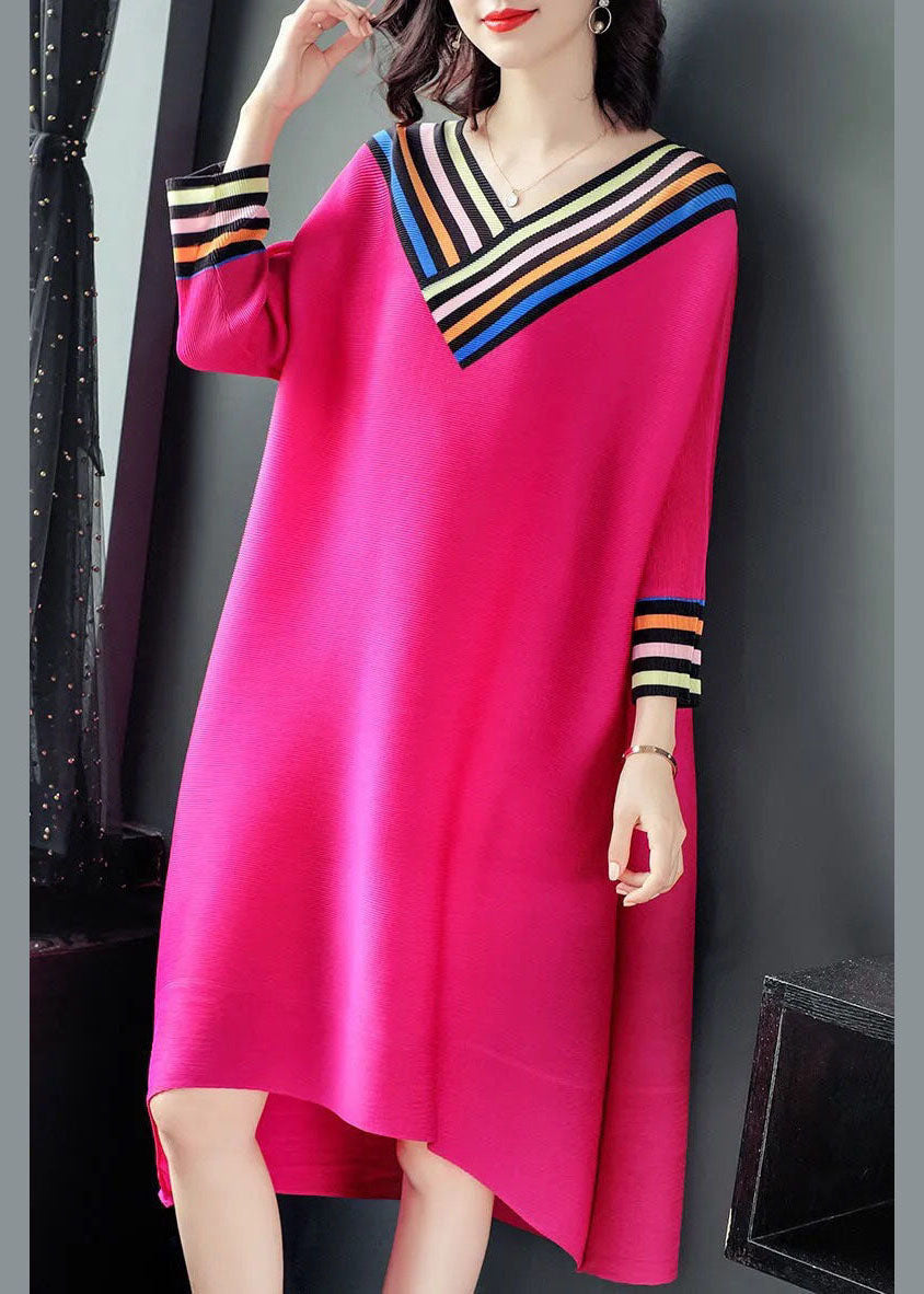 Rose V Neck Patchwork Cotton Holiday Dress Long Sleeve