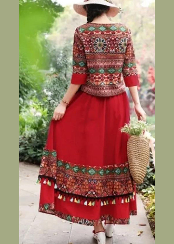 Novelty Red O-neck Print Top and Skirts Two Piece Set Fall