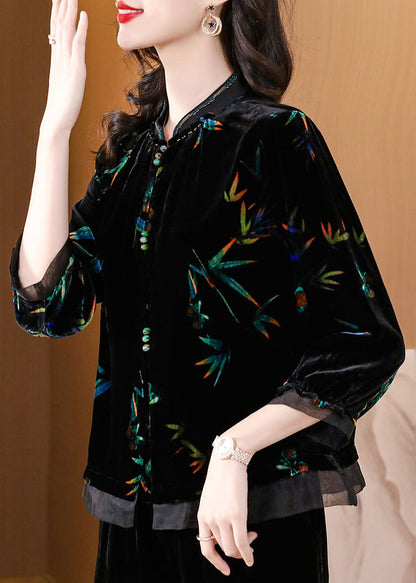 Black Stand Collar Print Silk Velour Shirts Spring