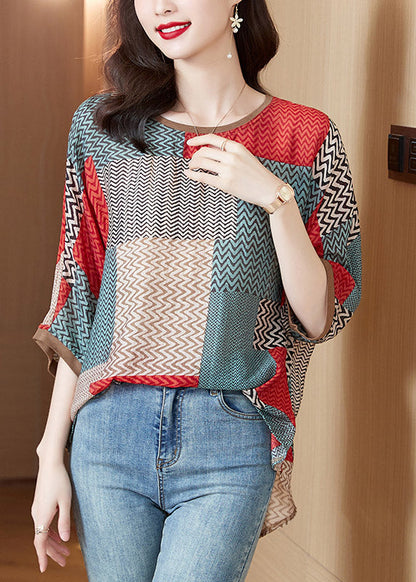 Red O-neck Striped Print Silk Shirt Half Sleeve