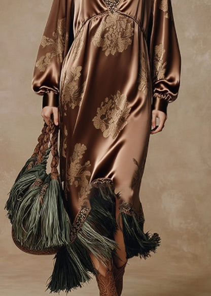 Coffee V Neck Tasseled Print Silk Long Dresses Spring