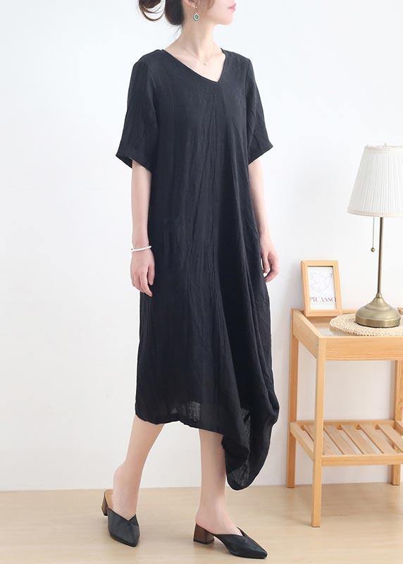 Art Black Short Sleeve Maxi Summer Linen Dress