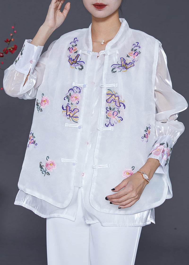 White Embroideried Chinese Button Silk Two Pieces Set Fall