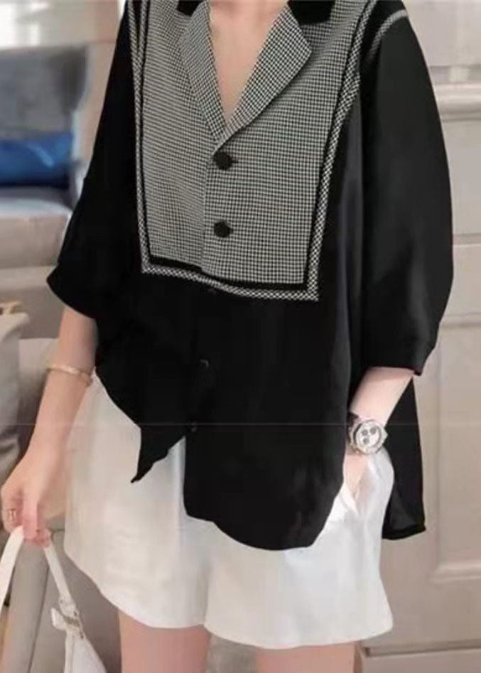 Black Peter Pan Collar Plaid Patchwork Shirt Top Three Quarter Sleeve