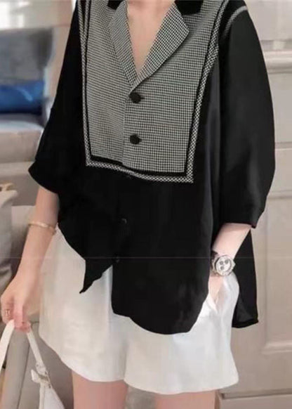 Black Peter Pan Collar Plaid Patchwork Shirt Top Three Quarter Sleeve