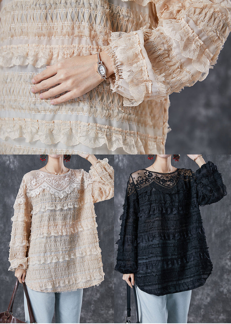 Apricot Patchwork Lace Shirt Tops Ruffled Spring