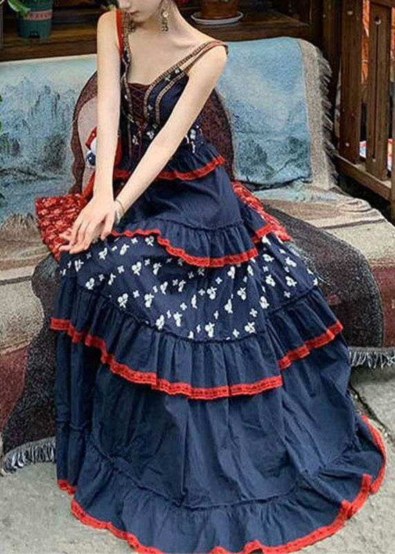 Blue V Neck Print Patchwork Party Long Dress Summer
