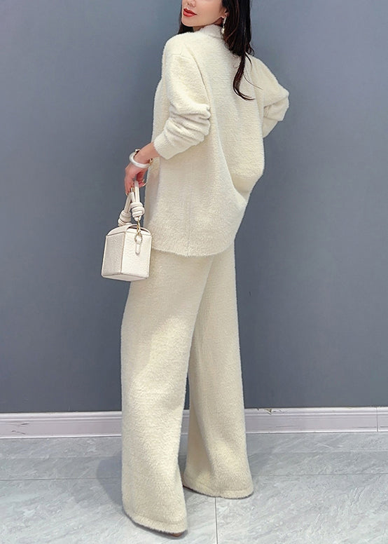 Beige Button Elastic Waist Patchwork Cotton Knit Three Pieces Set Fall