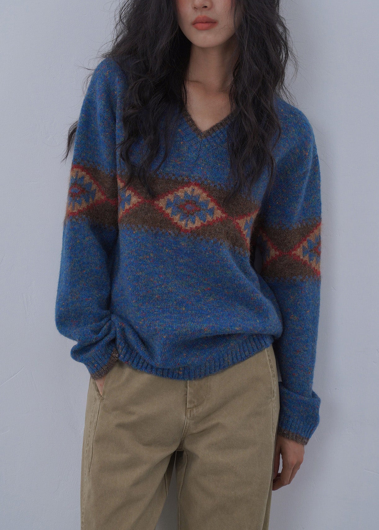 Italian Blue V Neck Jacquard Knitted Sweaters Tops Spring