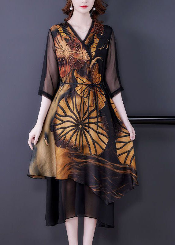 Black Asymmetrical Patchwork Print Silk Dress Summer