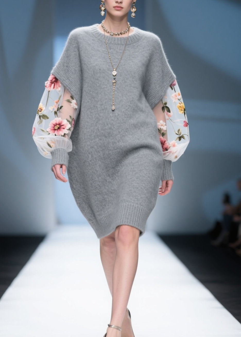 Diy Grey Tulle Patchwork Knitwear Dress Fall