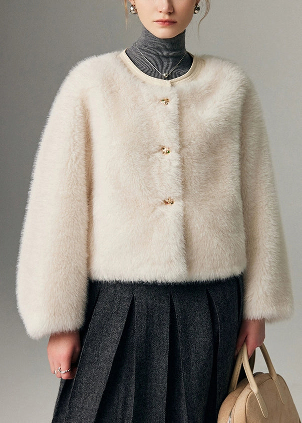 Fine White Original Design Button Leather and Fur Coat