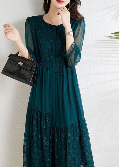 French Light Blue O-neck Asymmetrical Tulle Patchwork Chiffon Vacation Dresses Three Quarter Sleeve