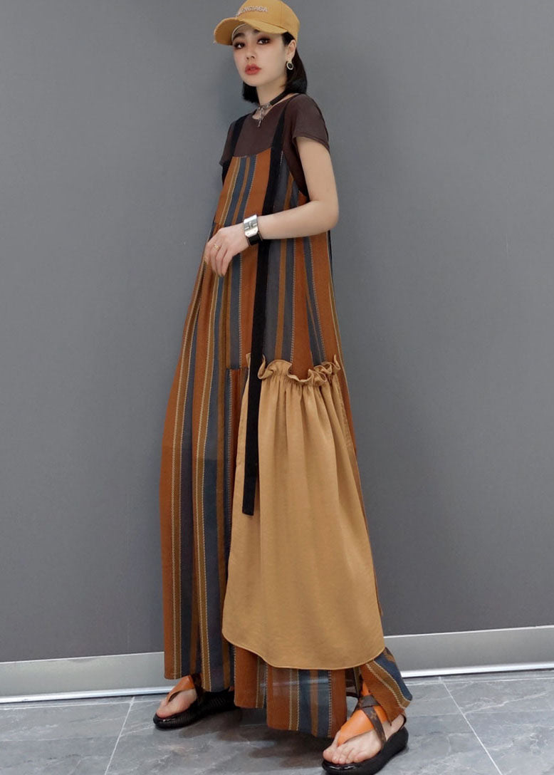 Brown Striped Patchwork a Line Skirts Short Sleeve Dresses