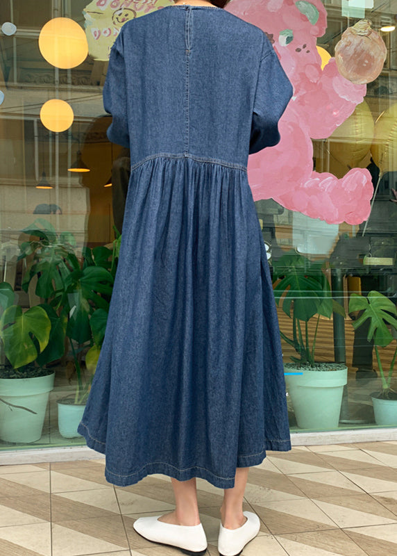 Denim Blue O-neck Wrinkled Patchwork Long Dress Spring