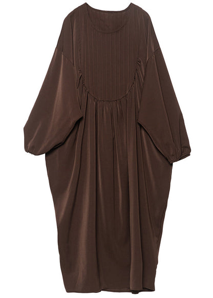 Coffee Patchwork Chiffon Robe Dresses O-neck Wrinkled Batwing Sleeve