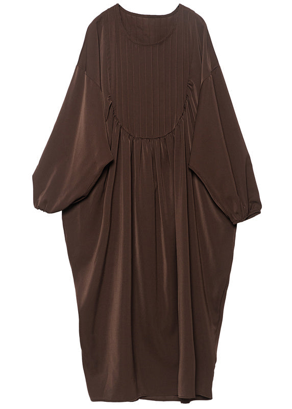 Coffee Patchwork Chiffon Robe Dresses O-neck Wrinkled Batwing Sleeve