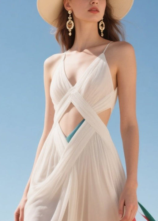 White Sheer Hollow Out Tulle Beach Dress Summer
