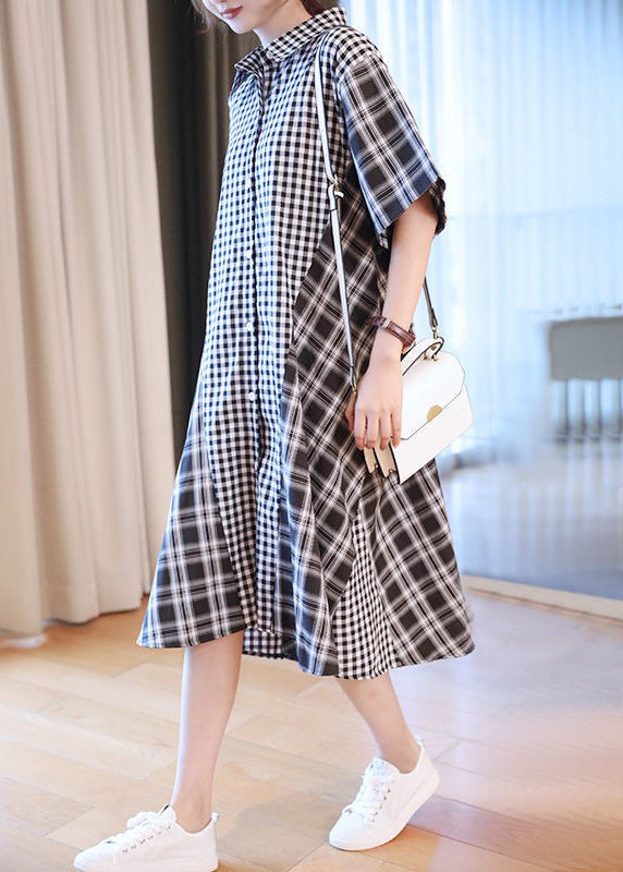 Black White Plaid Peter Pan Collar Button Shirts Dresses Half Sleeve