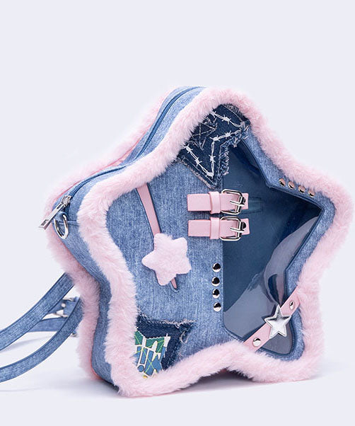Blue Star Shaped Patchwork Denim Backpack Bag