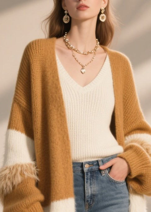 Coffee Oversized Patchwork Faux Fur Long Cardigan Winter