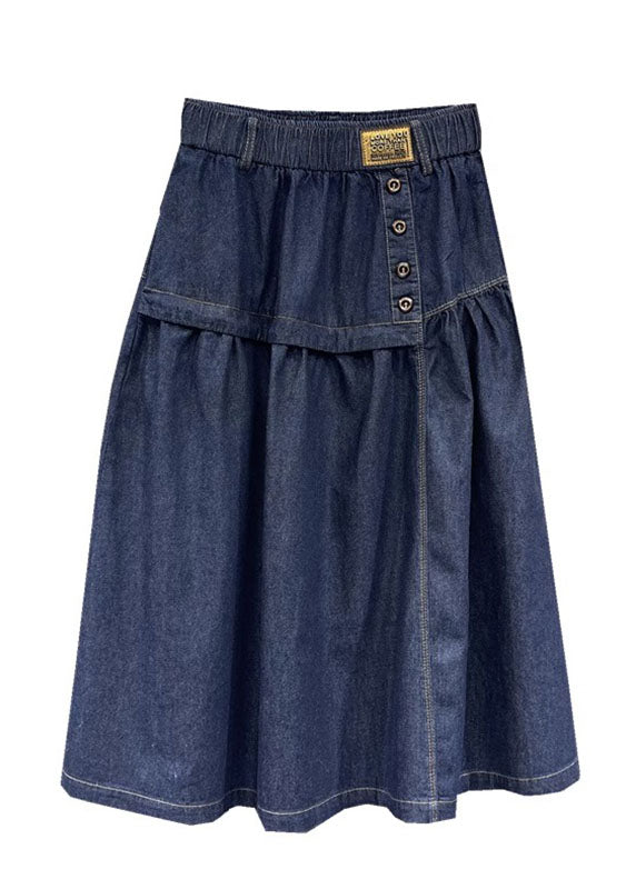Loose Denim Blue Patchwork Button Elastic Waist a Line Skirt Summer
