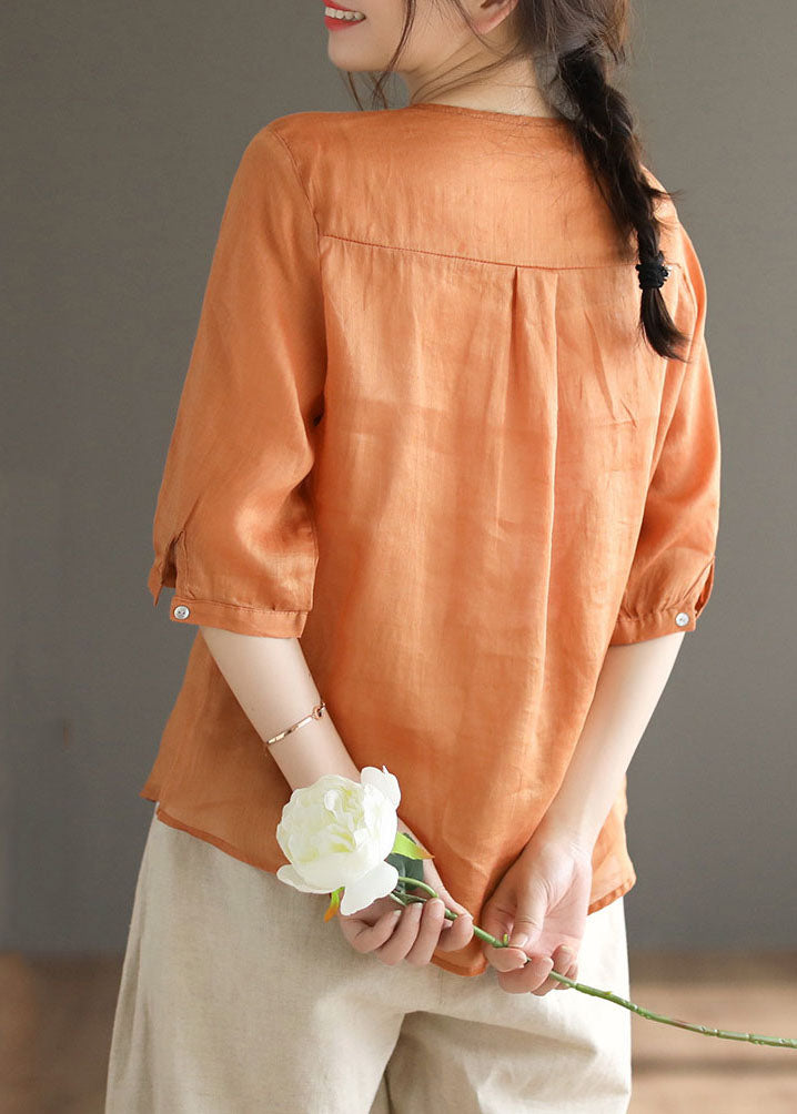 Orange V Neck Embroideried Linen Blouse Top Half Sleeve