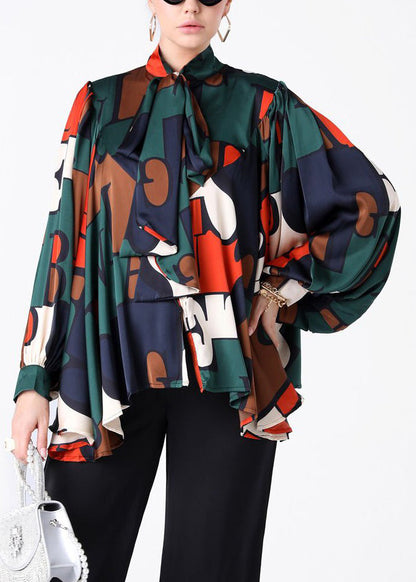 Colorblock Bow Print Patchwork Silk Shirt Spring