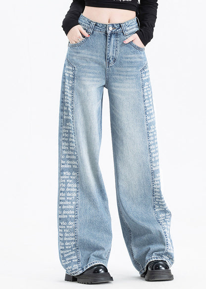 Blue Pockets Print Patchwork Denim Pants Spring
