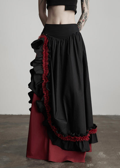 Black Ruffled Patchwork Exra Large Hem Cotton Skirts Fall