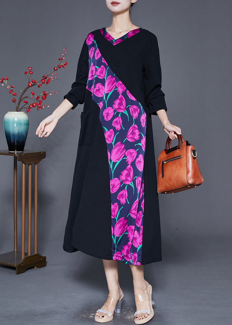 Purple Cotton Dresses Oversized Patchwork Pocket Fall