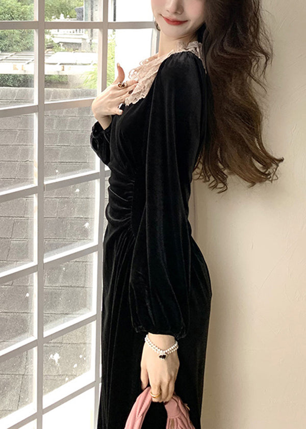 French Black Square Collar Lace Slim Fit Velour Dresses Spring