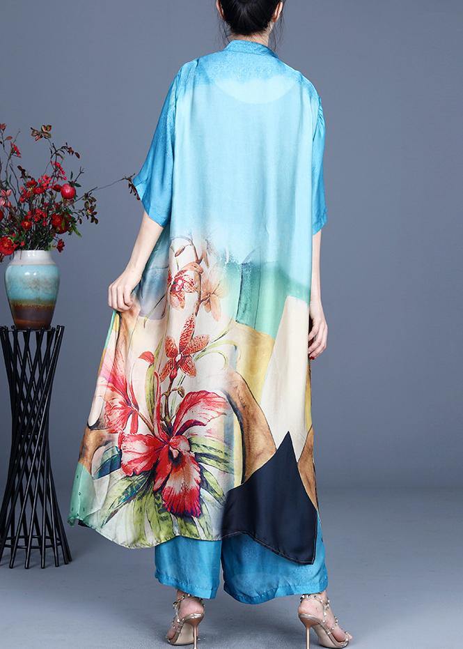 Blue Print Long Silk Two Pieces Set Summer
