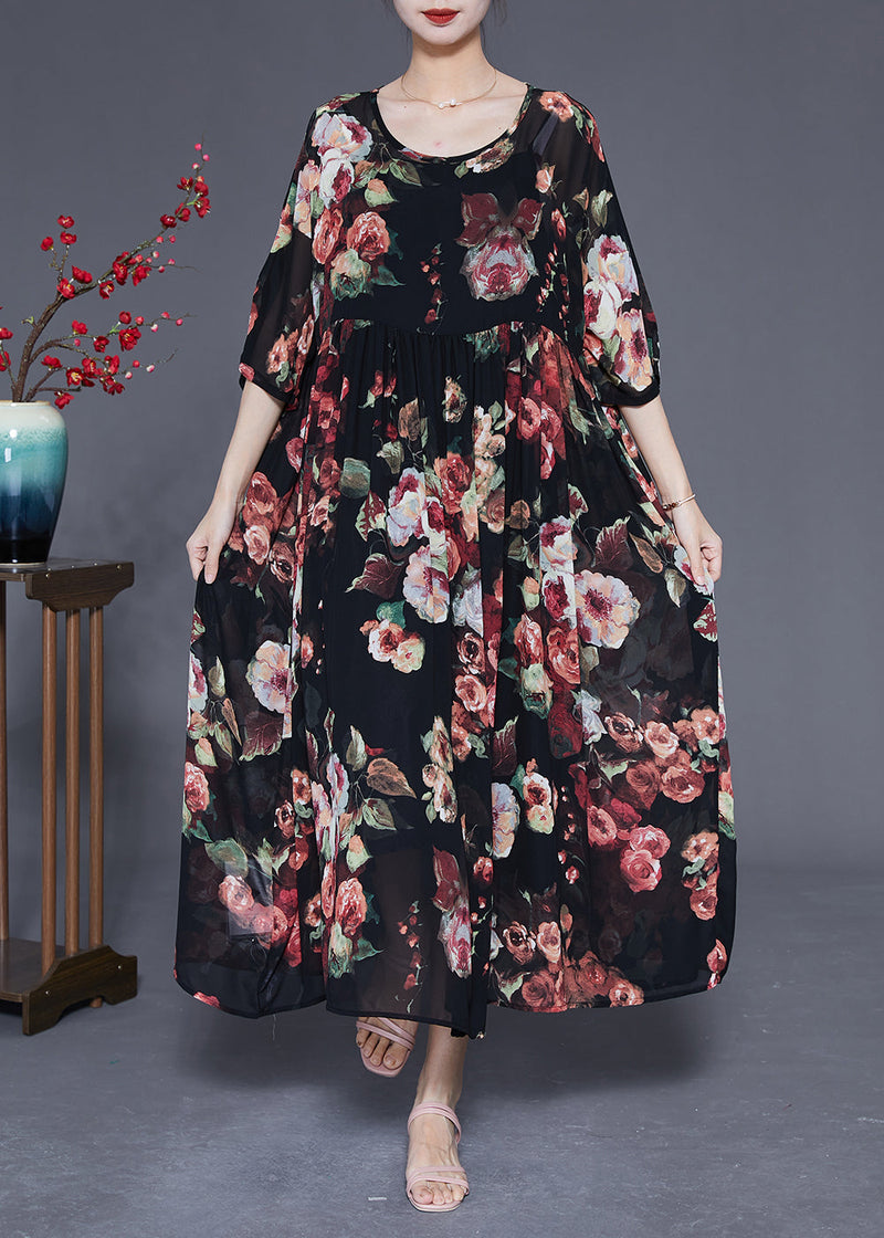 Black Oversized Print Chiffon Dress Summer