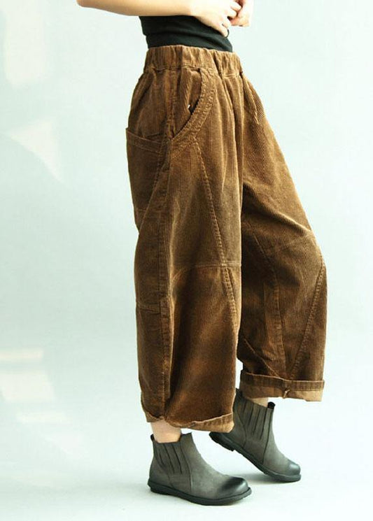 Brown Pockets Patchwork Lantern Fall Pants Trousers