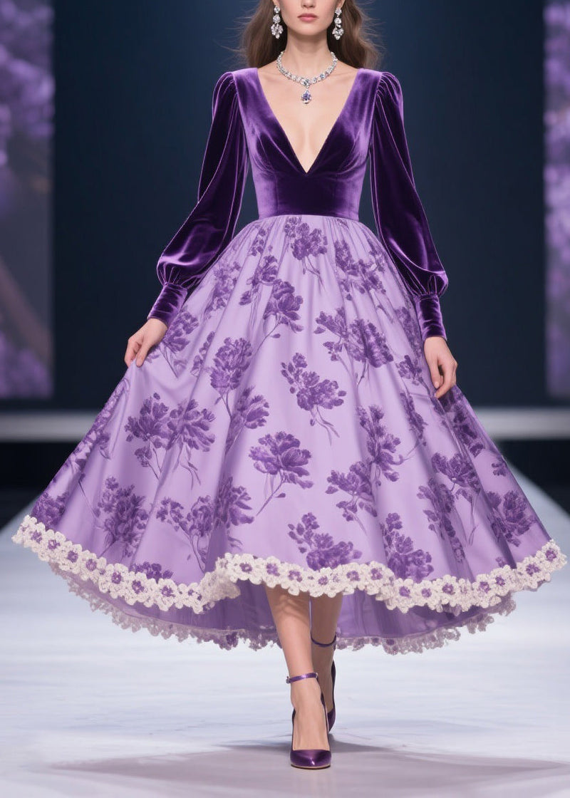 Purple Silk Velvet Patchwork Print Lace Long Dress V Neck Spring