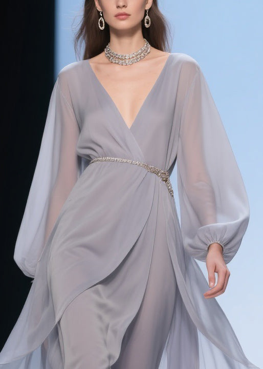 Pale Smoggy Gray V Neck High Waist Chiffon Dress Spring