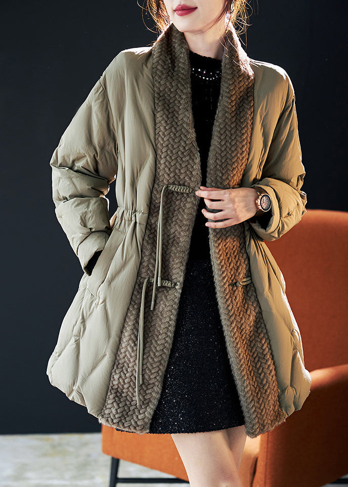 Green Chinese Button Patchwork Duck Down Puffers Jackets Winter