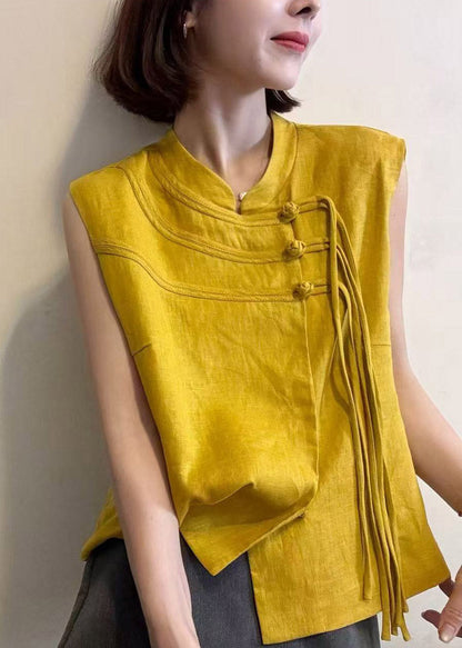 Chinese Style Red Stand Collar Tassel Patchwork Top Summer