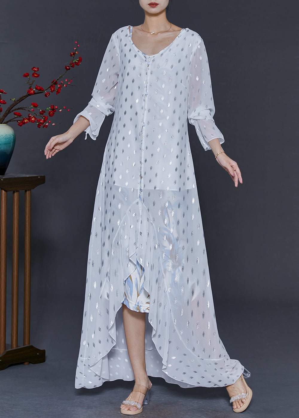 Modern White Sequins Ruffles Chiffon Long Dresses Fall