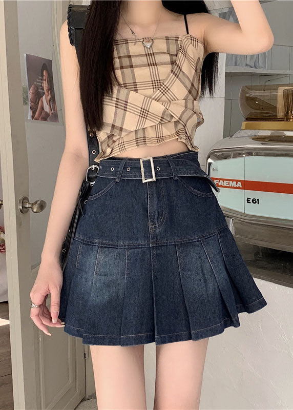Black Grey High Waist Sashes Pockets Patchwork Cotton Denim Pleated Skirts Summer