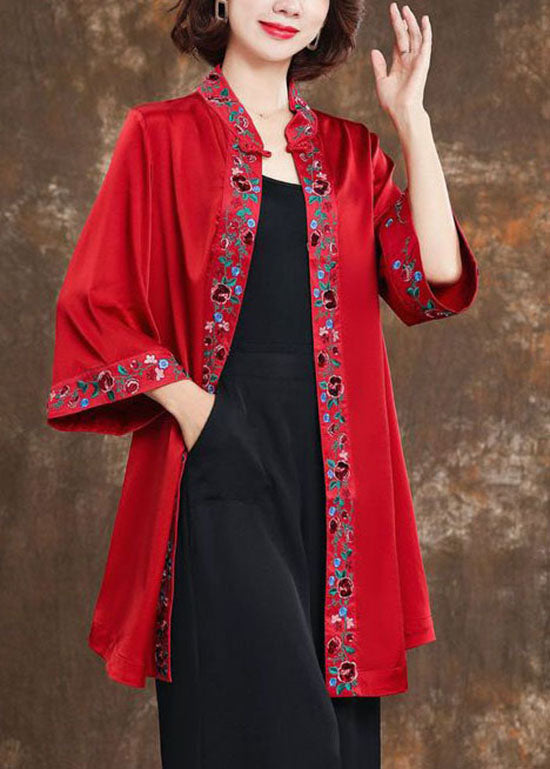 Red Stand Collar Silk Shirts Bracelet Sleeve