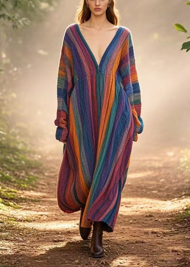 Rainbow Oversized Striped Cotton Long Dresses Spring