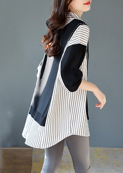 Black Striped Patchwork Low High Design Fake Two Pieces Shirt Long Sleeve